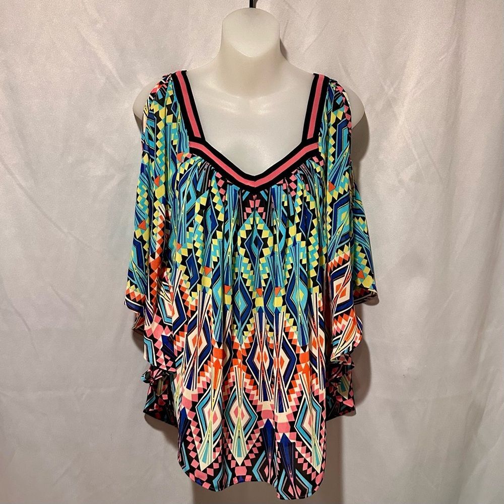Womens Colorful Geometric Aztec Cold Shoulder Bat Wing Butterfly Poncho Top